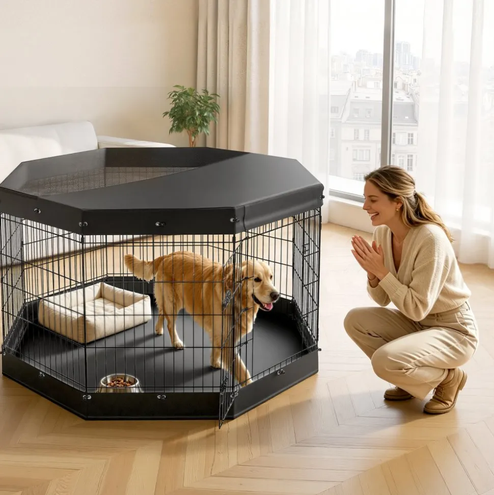 VEVOR Dog Playpen 36 Inch 8 Panels Exercise Pen with Top Cover & Bottom Pad, Indoor Foldable Metal Pet Fence with Door, Heavy Duty Puppy Crate Kennel Pen for Dogs, Cats, and Other Small Animals, Black