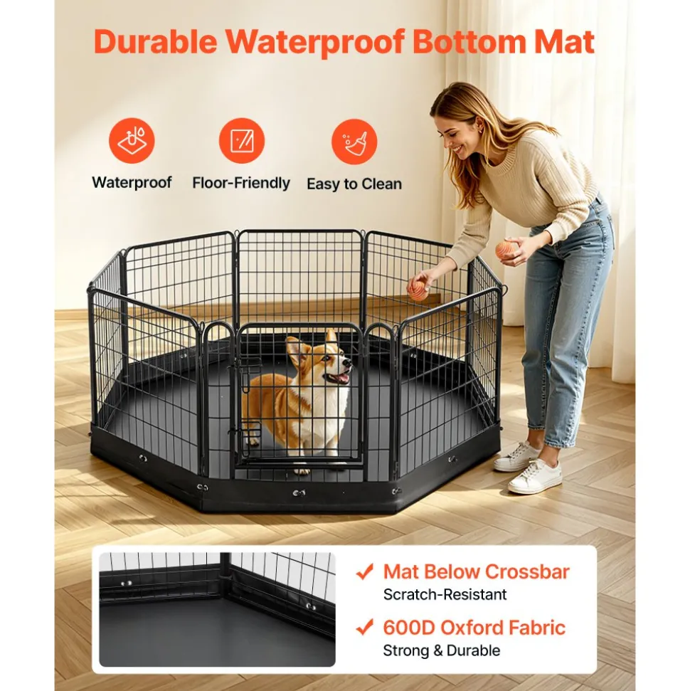 VEVOR Dog Playpen 24 Inch 8 Panels Foldable Exercise Pen with Bottom Pad, Indoor Metal Pet Fence with Door, Heavy Duty Puppy Crate Kennel, Pet Playpen for Dogs, Cats, and Other Small Animals, Black
