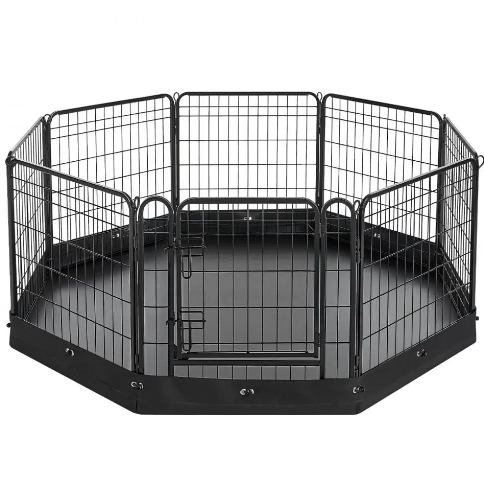 VEVOR Dog Playpen 24 Inch 8 Panels Foldable Exercise Pen with Bottom Pad, Indoor Metal Pet Fence with Door, Heavy Duty Puppy Crate Kennel, Pet Playpen for Dogs, Cats, and Other Small Animals, Black