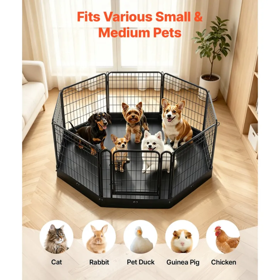 VEVOR Dog Playpen 24 Inch 8 Panels Foldable Exercise Pen with Bottom Pad, Indoor Metal Pet Fence with Door, Heavy Duty Puppy Crate Kennel, Pet Playpen for Dogs, Cats, and Other Small Animals, Black