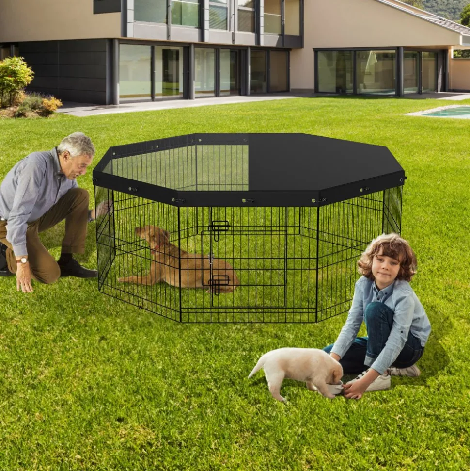 VEVOR Dog Playpen, 8 Panels Foldable Metal Dog Exercise Pen with Top Cover, 24" H Pet Fence Puppy Crate Kennel with Ground Stakes, Indoor Outdoor Dog Pen for Small Medium Pets, for Camping, Yard