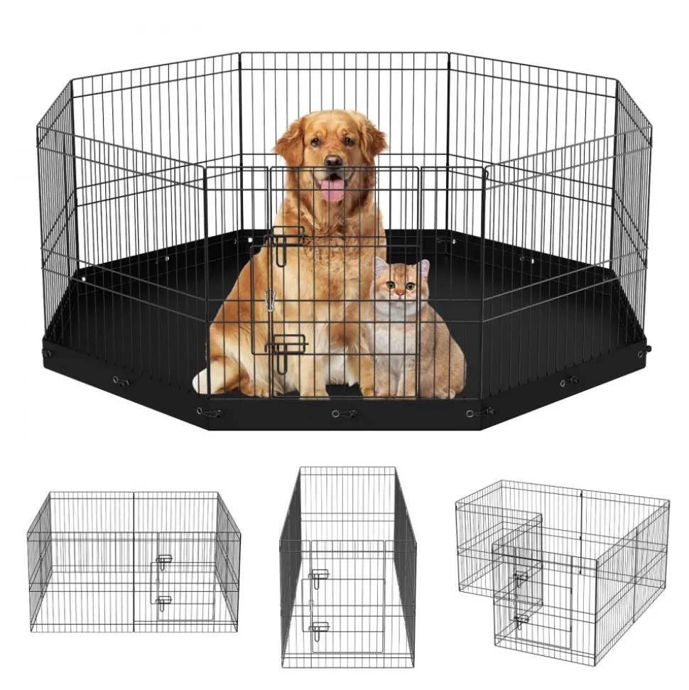 VEVOR Dog Playpen, 8 Panels Foldable Metal Dog Exercise Pen with Bottom Pad, 24" H Pet Fence Puppy Crate Kennel with Ground Stakes, Indoor Outdoor Dog Pen for Small Medium Pets, for Camping, Yard