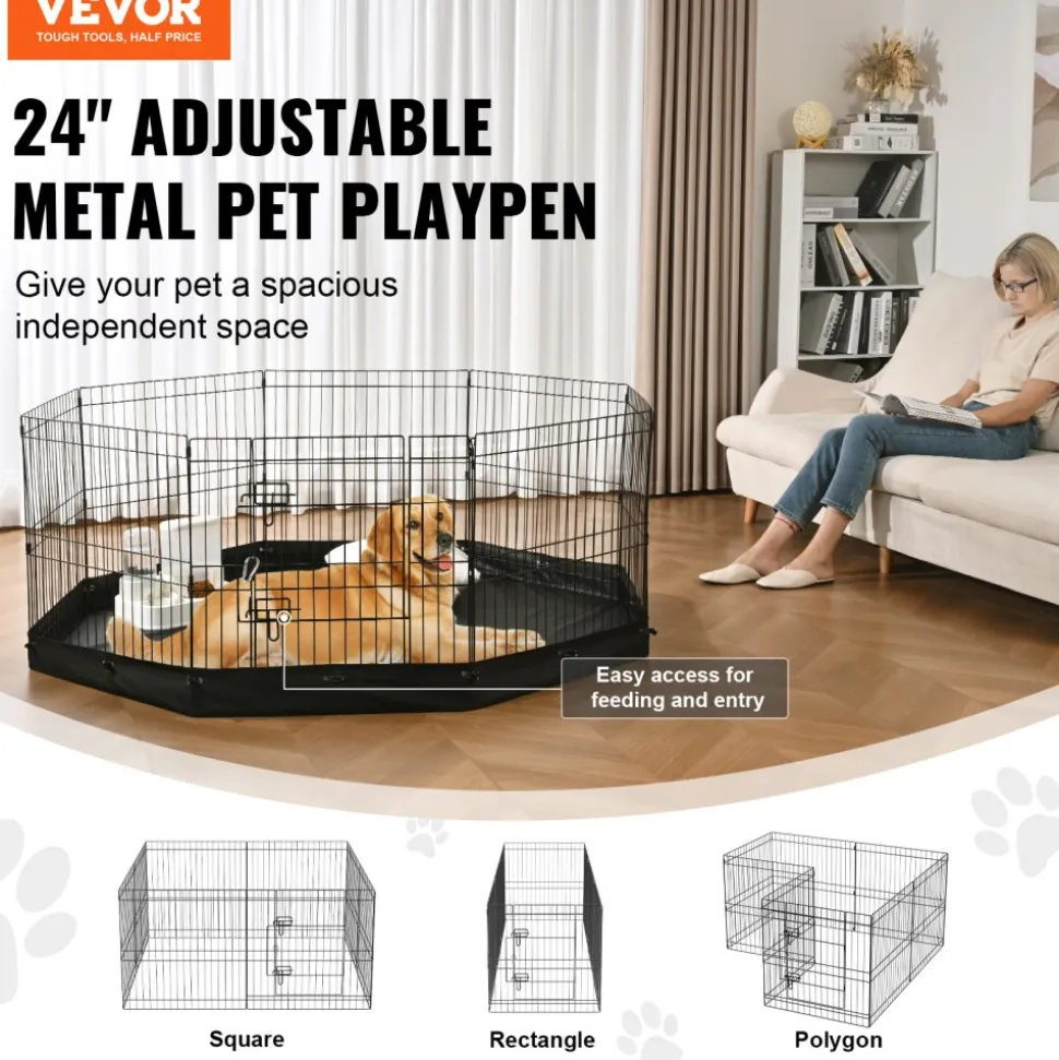 VEVOR Dog Playpen, 8 Panels Foldable Metal Dog Exercise Pen with Bottom Pad, 24" H Pet Fence Puppy Crate Kennel with Ground Stakes, Indoor Outdoor Dog Pen for Small Medium Pets, for Camping, Yard