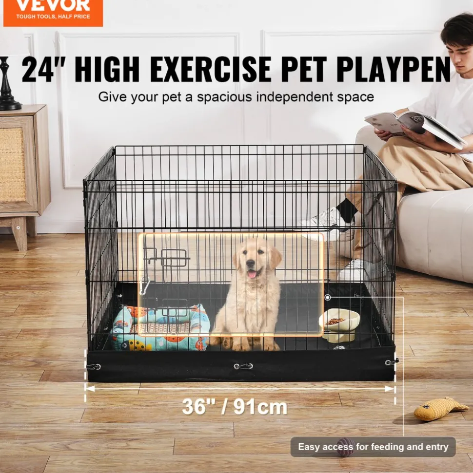 VEVOR Dog Playpen, 4 Pcs 24 x 36 in Panels Foldable Metal Pet Exercise Pen, Dog Fence Indoor and Outdoor Pen with Door and 600D Oxford Fabric Bottom Pad, for Dogs, Cats and Other Small Animals