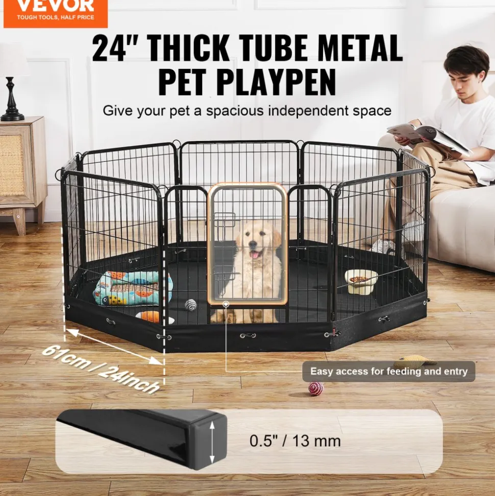 VEVOR Dog Playpen, 8 Pcs 24 x 24 in Panels Foldable Metal Pet Exercise Pen, Dog Fence Indoor and Outdoor Pen with Door, Storage Bag and Bottom Pad, Pet Playpen for Dogs, Cats and Other Small Animals