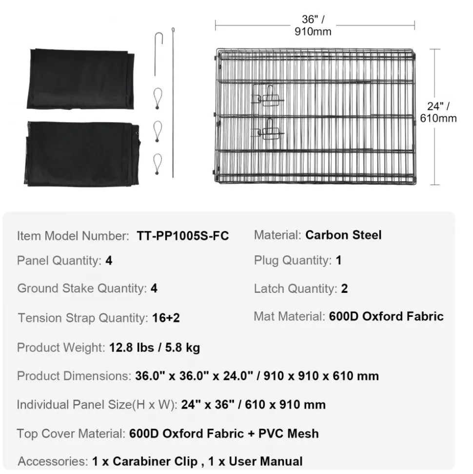 VEVOR Dog Playpen, 8 Pcs 24 x 24 in Panels Foldable Metal Pet Exercise Pen, Dog Fence Indoor and Outdoor Pen with Door, Storage Bag, Top Cover and Bottom Pad, for Dogs, Cats and Other Small Animals