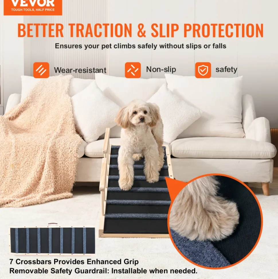 VEVOR Dog Ramp, Folding Pet Ramp for Bed, Adjustable Dog Ramp for Small, Large, Old Dogs & Cats, Wooden Pet Ramp with 47.2" Long Ramp, Adjustable from 13.8" to 27.6", Suitable for Couch, Sofa, Car
