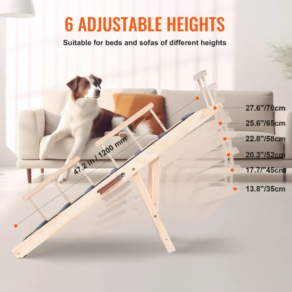 VEVOR Dog Ramp, Folding Pet Ramp for Bed, Adjustable Dog Ramp for Small, Large, Old Dogs & Cats, Wooden Pet Ramp with 47.2" Long Ramp, Adjustable from 13.8" to 27.6", Suitable for Couch, Sofa, Car