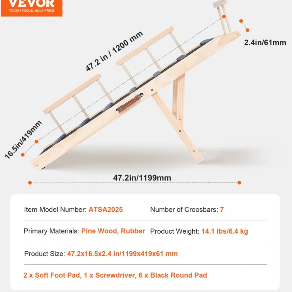 VEVOR Dog Ramp, Folding Pet Ramp for Bed, Adjustable Dog Ramp for Small, Large, Old Dogs & Cats, Wooden Pet Ramp with 47.2" Long Ramp, Adjustable from 13.8" to 27.6", Suitable for Couch, Sofa, Car