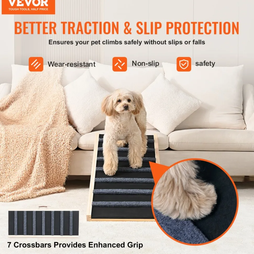 VEVOR Dog Ramp, Folding Pet Ramp for Bed, Adjustable Dog Ramp for Small, Large, Old Dogs & Cats, Wooden Pet Ramp with 39.3" Long Ramp, Adjustable from 15" to 22", Suitable for Couch, Sofa, Car