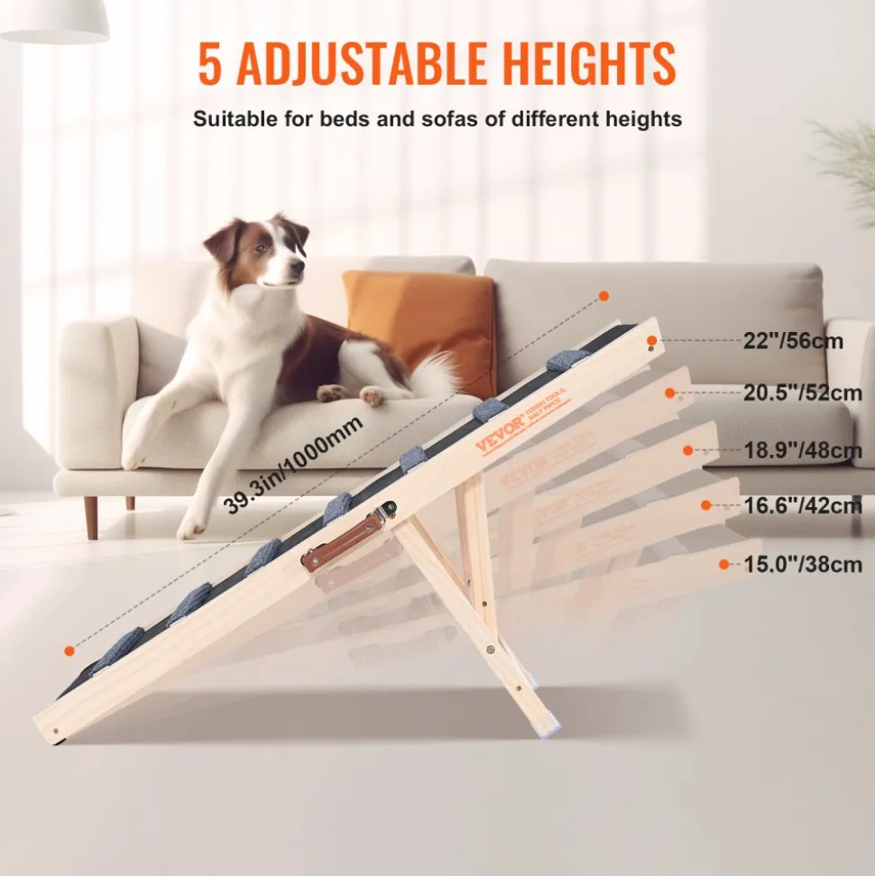 VEVOR Dog Ramp, Folding Pet Ramp for Bed, Adjustable Dog Ramp for Small, Large, Old Dogs & Cats, Wooden Pet Ramp with 39.3" Long Ramp, Adjustable from 15" to 22", Suitable for Couch, Sofa, Car