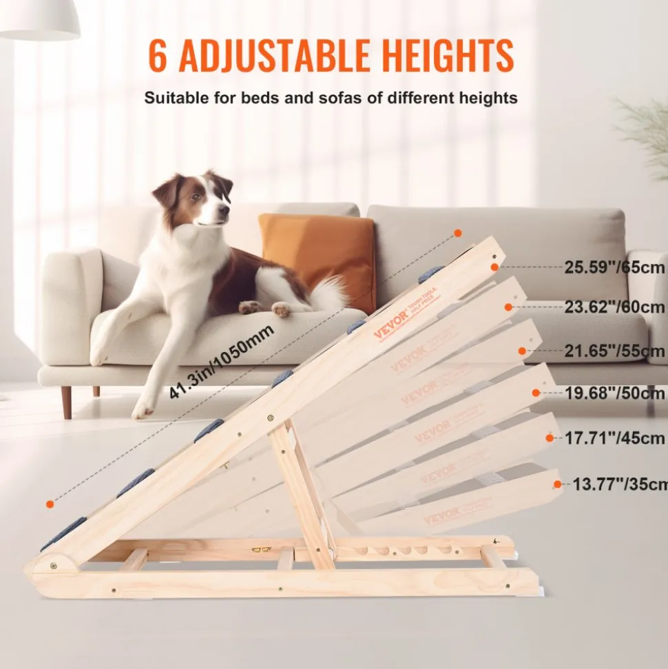 VEVOR Dog Ramp, Folding Pet Ramp for Bed, Adjustable Dog Ramp for Small, Large, Old Dogs & Cats, Wooden Pet Ramp with 41.3" Long Ramp, Adjustable from 13.77" to 25.59", Suitable for Couch, Sofa, Car
