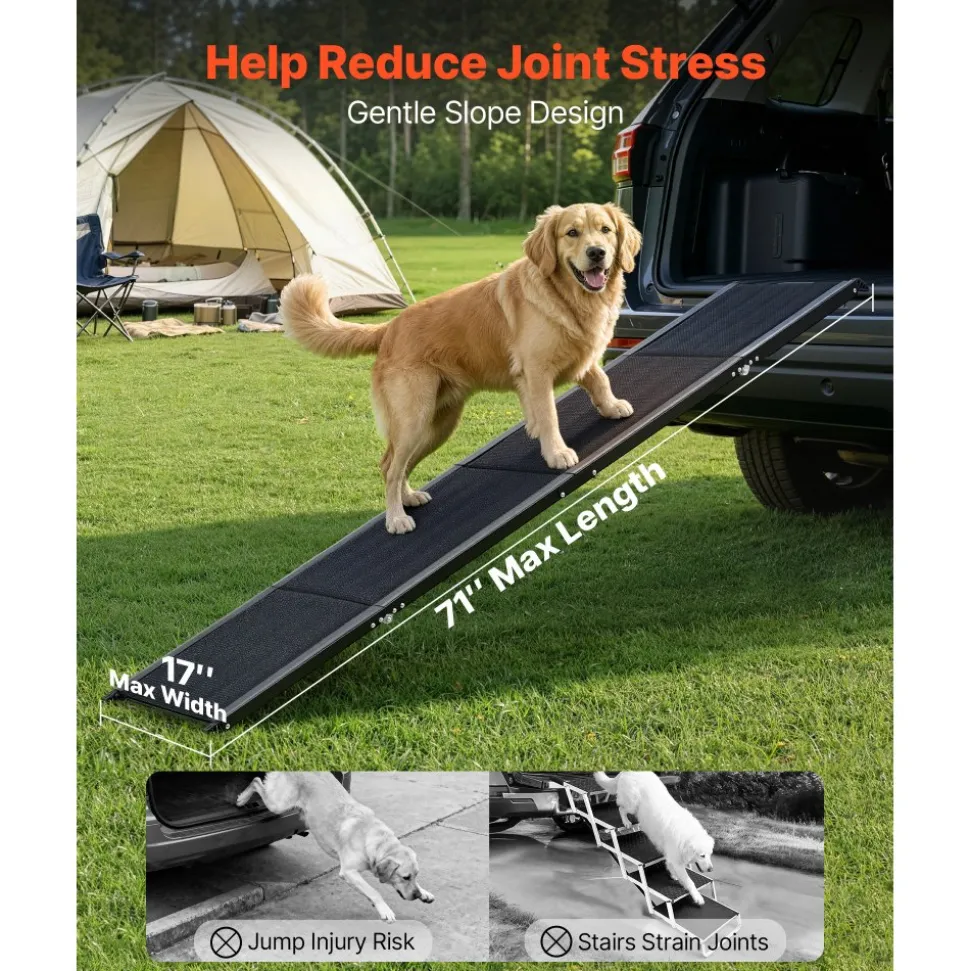 VEVOR Dog Ramp for Cars, 71" L x 17" W, Folding Pet Ramps for Medium & Large Dogs up to 250lbs, Pet Stair Ramp with Non-Slip Oxford Fabric Surface, Portable Outdoor Dog Car Ramps for SUV & Truck