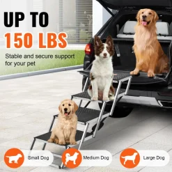 VEVOR Dog Stair for Cars, Wide 4-step Dog Car Steps, Folding Dog Car Ramp with Nonslip Surface, Portable Pet Steps Lightweight Aluminum for Car, SUV and Truck, Supports up to 150 lbs