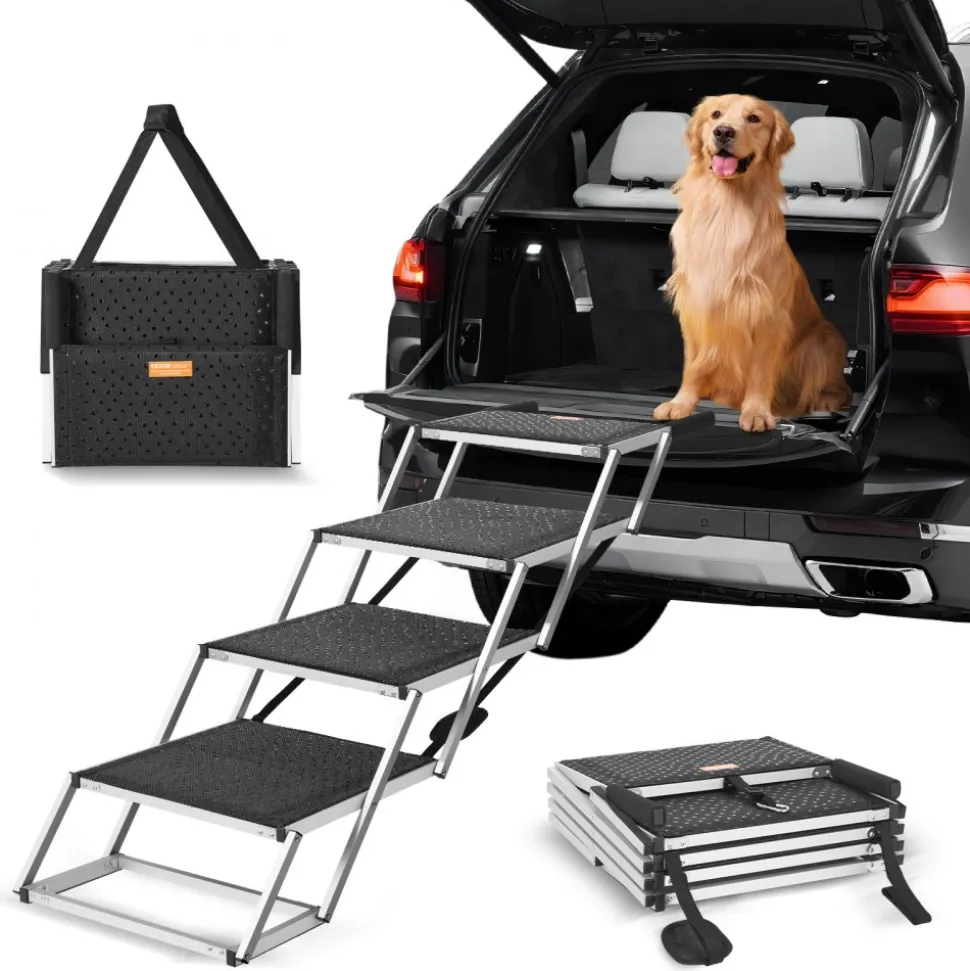 VEVOR Dog Stair for Cars, Wide 4-step Dog Car Steps, Folding Dog Car Ramp with Nonslip Surface, Portable Pet Steps Lightweight Aluminum for Car, SUV and Truck, Supports up to 250 lbs