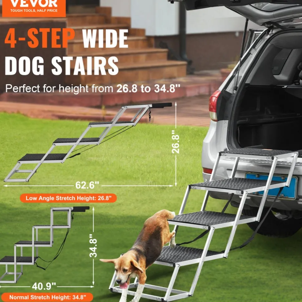 VEVOR Dog Stair for Cars, Wide 4-step Dog Car Steps, Folding Dog Car Ramp with Nonslip Surface, Portable Pet Steps Lightweight Aluminum for Car, SUV and Truck, Supports up to 250 lbs