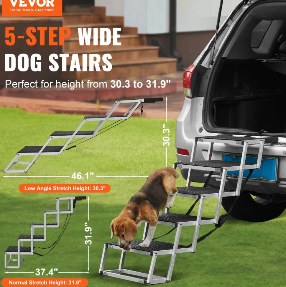 VEVOR Dog Stair for Cars, Wide 5-step Dog Car Steps, Folding Dog Car Ramp with Nonslip Surface, Portable Pet Steps Lightweight Aluminum for Car, SUV and Truck, Supports up to 150 lbs