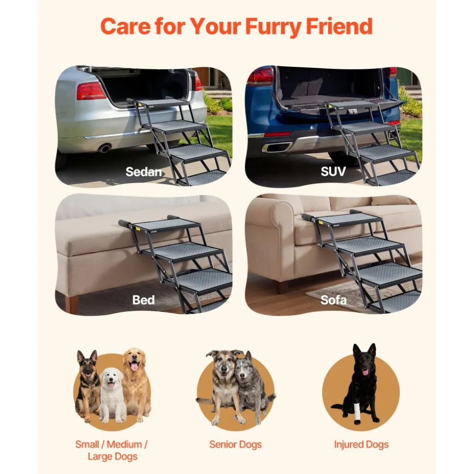 VEVOR Dog Stairs for Car, 4 Steps Extra Wide Foldable Dog Ramp for Large Dogs with Non-Slip Surface, Portable Lightweight Pet Stairs Ladder for Car, SUV, Truck, High Bed, Sofa, Support up to 400 lbs
