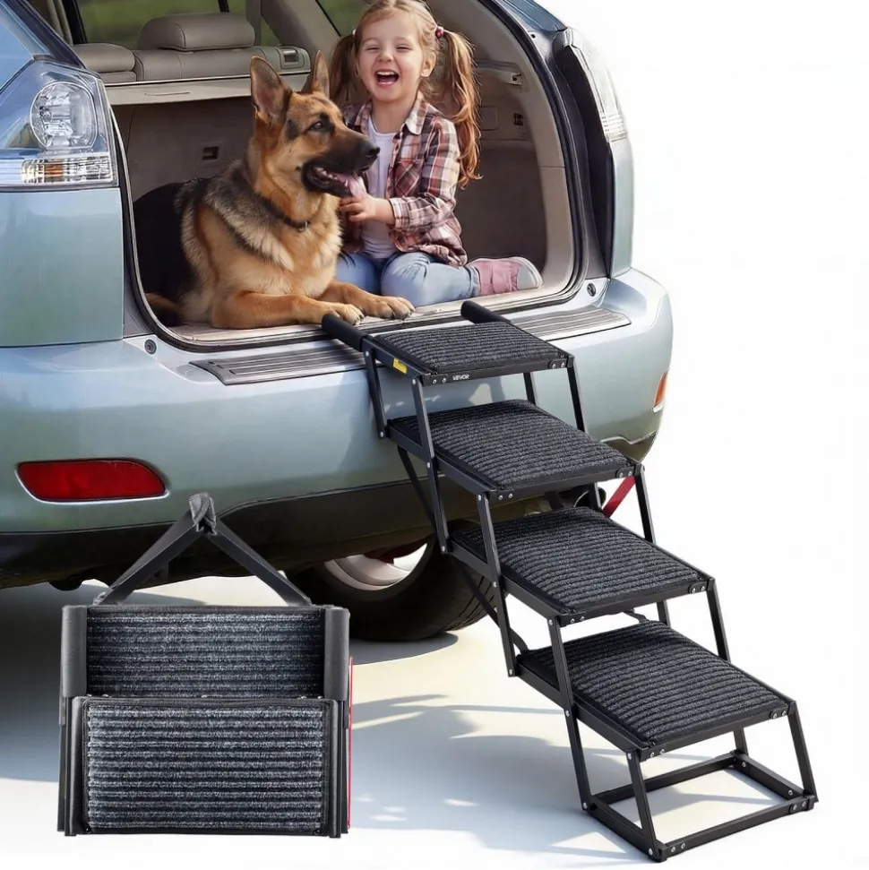VEVOR Dog Stairs for Car, 4 Steps Extra Wide Foldable Dog Ramp for Large Dogs with Non-Slip Rug Surface, Portable Lightweight Pet Ladder for Car, SUV, Truck, High Beds, Sofas, Support up to 200 lbs