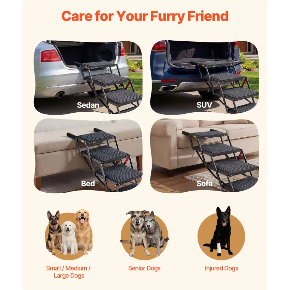 VEVOR Dog Stairs for Car, 4 Steps Extra Wide Foldable Dog Ramp for Large Dogs with Non-Slip Rug Surface, Portable Lightweight Pet Ladder for Car, SUV, Truck, High Beds, Sofas, Support up to 200 lbs