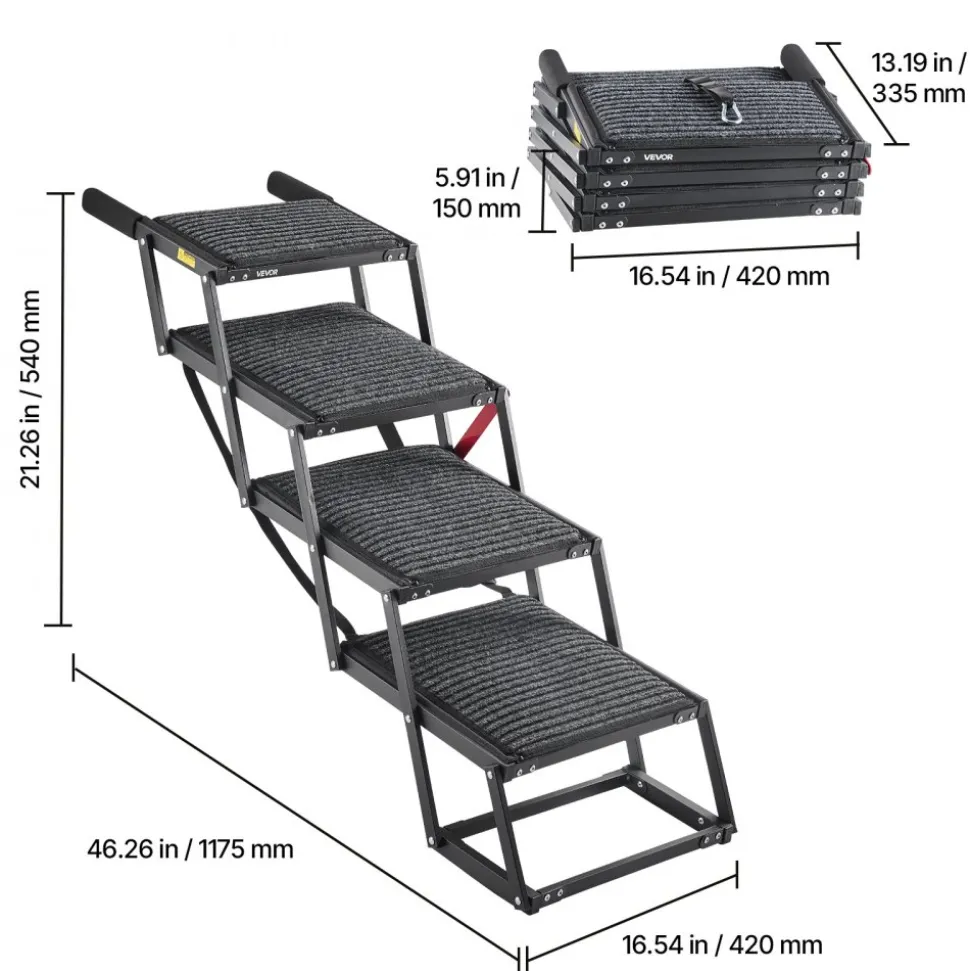VEVOR Dog Stairs for Car, 4 Steps Extra Wide Foldable Dog Ramp for Large Dogs with Non-Slip Rug Surface, Portable Lightweight Pet Ladder for Car, SUV, Truck, High Beds, Sofas, Support up to 200 lbs