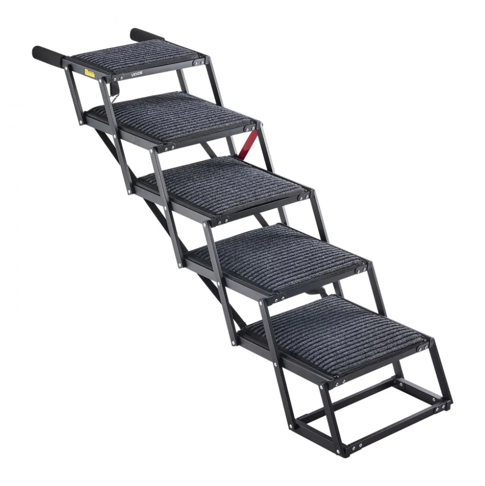 VEVOR Dog Stairs for Car, 5 Steps Extra Wide Foldable Dog Ramp for Large Dogs with Non-Slip Rug Surface, Portable Lightweight Pet Ladder for Car, SUV, Truck, High Beds, Sofas, Support up to 200 lbs