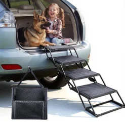 VEVOR Dog Stairs for Car, 4 Steps Extra Wide Foldable Dog Ramp for Large Dogs with Non-Slip Surface, Portable Lightweight Pet Stairs Ladder for Car, SUV, Truck, High Bed, Sofa, Support up to 250 lbs