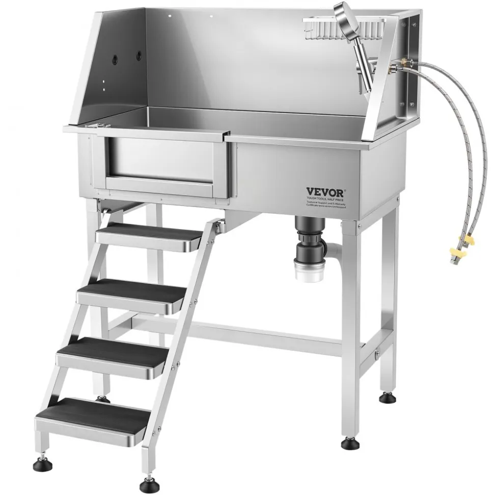 VEVOR 34" Dog Washing Station, Stainless Steel Pet Grooming Tub Bathtub, Professional Dog Wash Sink with Shower, Faucet, Soap Holder, Non-Slip Stairs Easy-Clean Design for Small Pets Cats (Left Door)