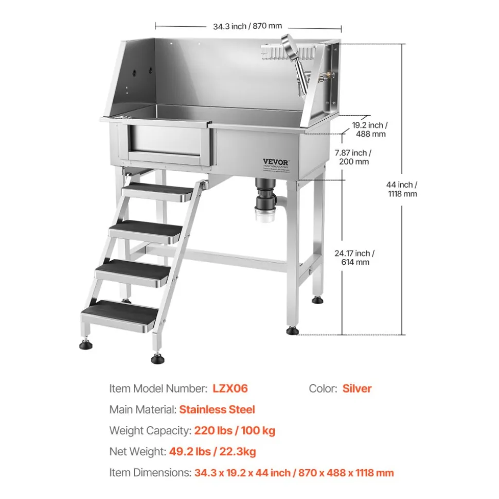 VEVOR 34" Dog Washing Station, Stainless Steel Pet Grooming Tub Bathtub, Professional Dog Wash Sink with Shower, Faucet, Soap Holder, Non-Slip Stairs Easy-Clean Design for Small Pets Cats (Left Door)