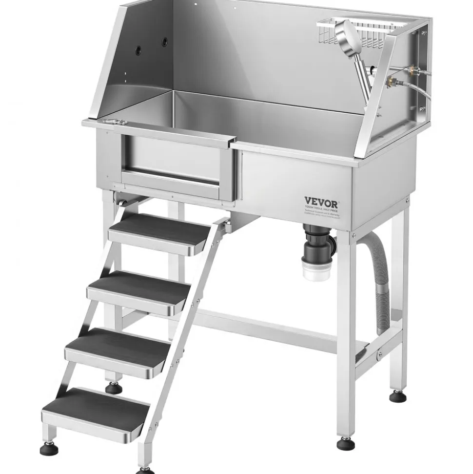 VEVOR 34" Dog Washing Station, Stainless Steel Pet Grooming Tub Bathtub, Professional Dog Wash Sink with Shower, Faucet, Soap Holder, Non-Slip Stairs Easy-Clean Design for Small Pets Cats (Left Door)