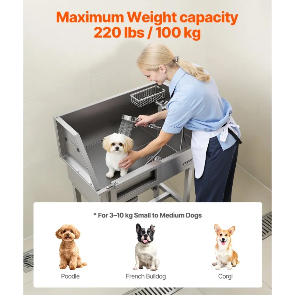 VEVOR 34" Dog Washing Station, Stainless Steel Pet Grooming Tub Bathtub, Professional Dog Wash Sink with Shower, Faucet, Soap Holder, Non-Slip Stairs Easy-Clean Design for Small Pets Cats (Left Door)