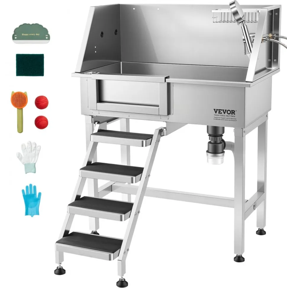 VEVOR 34" Dog Washing Station, Stainless Steel Pet Grooming Tub Bathtub, Professional Dog Wash Sink with Shower, Faucet, Soap Holder, Non-Slip Stairs Easy-Clean Design for Small Pets Cats (Left Door)