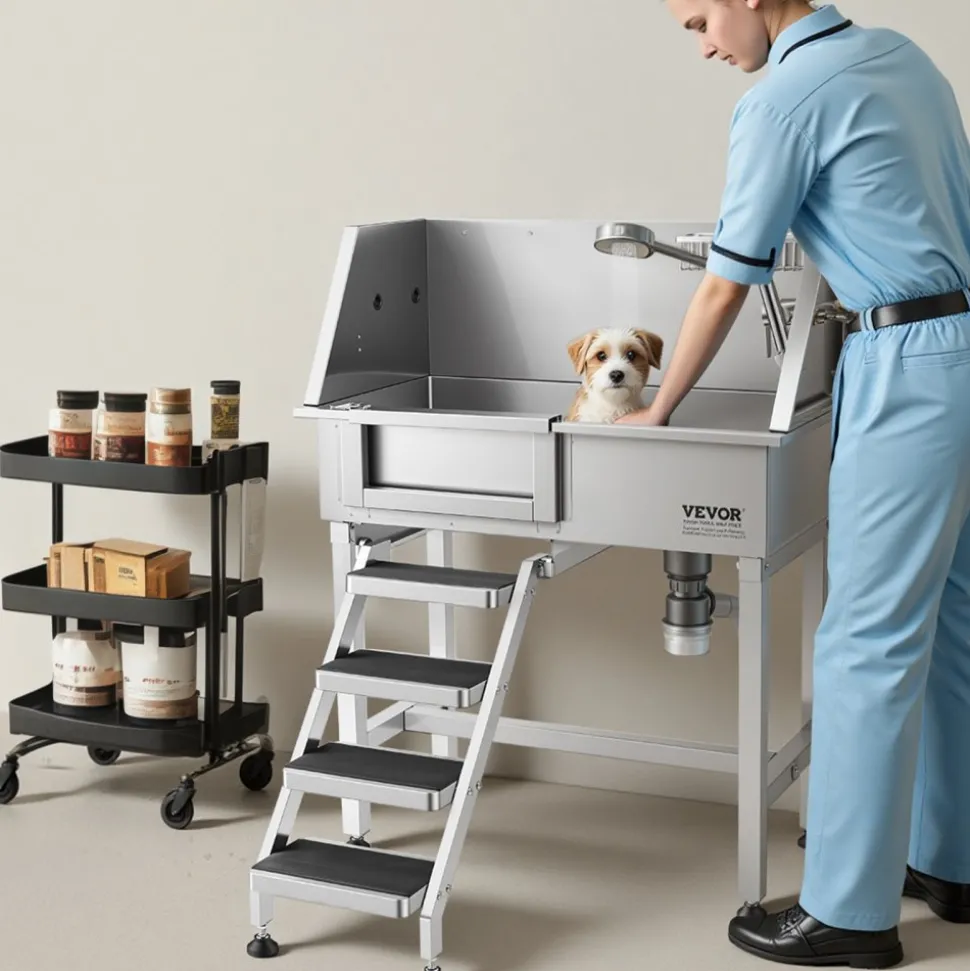 VEVOR 34" Dog Washing Station, Stainless Steel Pet Grooming Tub Bathtub, Professional Dog Wash Sink with Shower, Faucet, Soap Holder, Non-Slip Stairs Easy-Clean Design for Small Pets Cats (Left Door)
