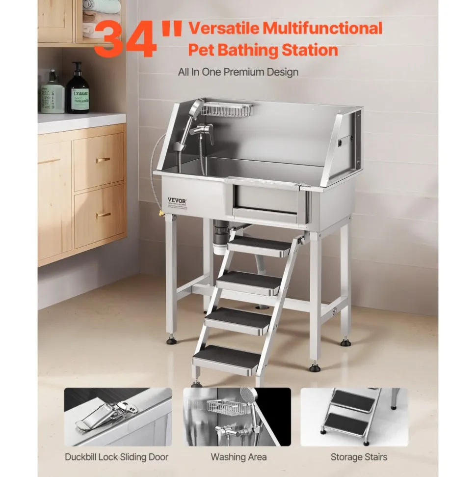 VEVOR 34" Dog Washing Station, Stainless Steel Pet Grooming Tub Bathtub, Professional Dog Wash Sink with Shower, Faucet, Soap Holder, Non-Slip Stairs Easy-Clean Design for Small Pets Cats (Right Door)