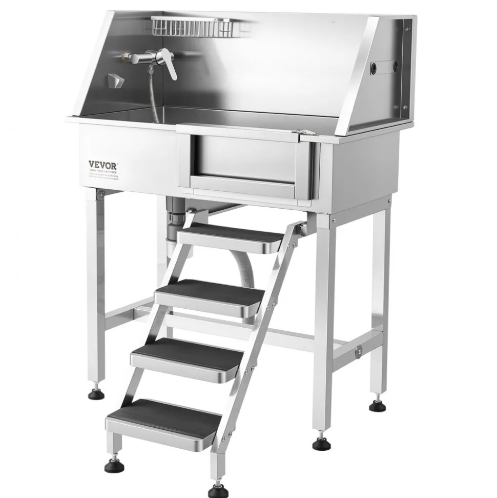 VEVOR 34" Dog Washing Station, Stainless Steel Pet Grooming Tub Bathtub, Professional Dog Wash Sink with Shower, Faucet, Soap Holder, Non-Slip Stairs Easy-Clean Design for Small Pets Cats (Right Door)