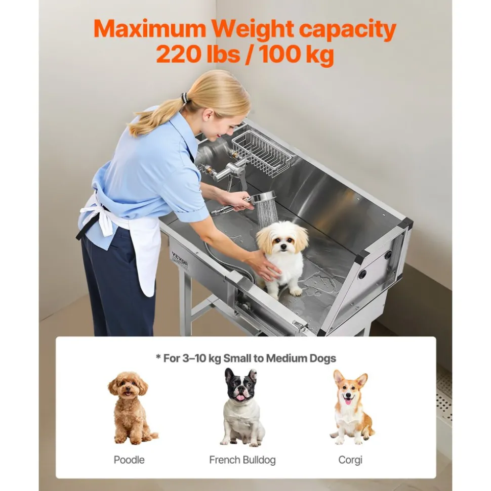 VEVOR 34" Dog Washing Station, Stainless Steel Pet Grooming Tub Bathtub, Professional Dog Wash Sink with Shower, Faucet, Soap Holder, Non-Slip Stairs Easy-Clean Design for Small Pets Cats (Right Door)
