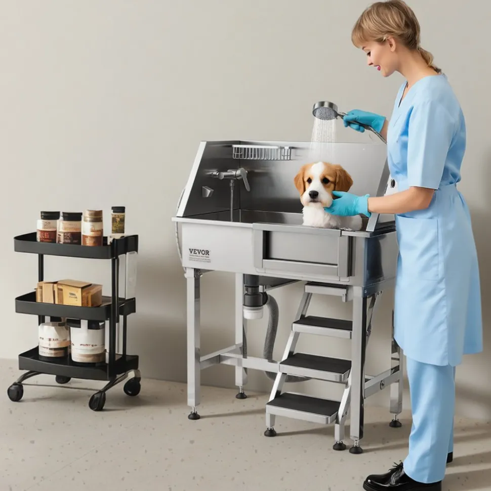 VEVOR 34" Dog Washing Station, Stainless Steel Pet Grooming Tub Bathtub, Professional Dog Wash Sink with Shower, Faucet, Soap Holder, Non-Slip Stairs Easy-Clean Design for Small Pets Cats (Right Door)