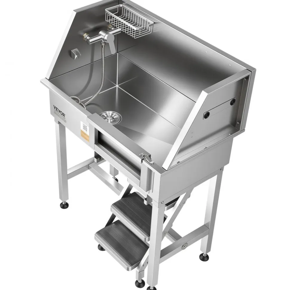 VEVOR 34" Dog Washing Station, Stainless Steel Pet Grooming Tub Bathtub, Professional Dog Wash Sink with Shower, Faucet, Soap Holder, Non-Slip Stairs Easy-Clean Design for Small Pets Cats (Right Door)