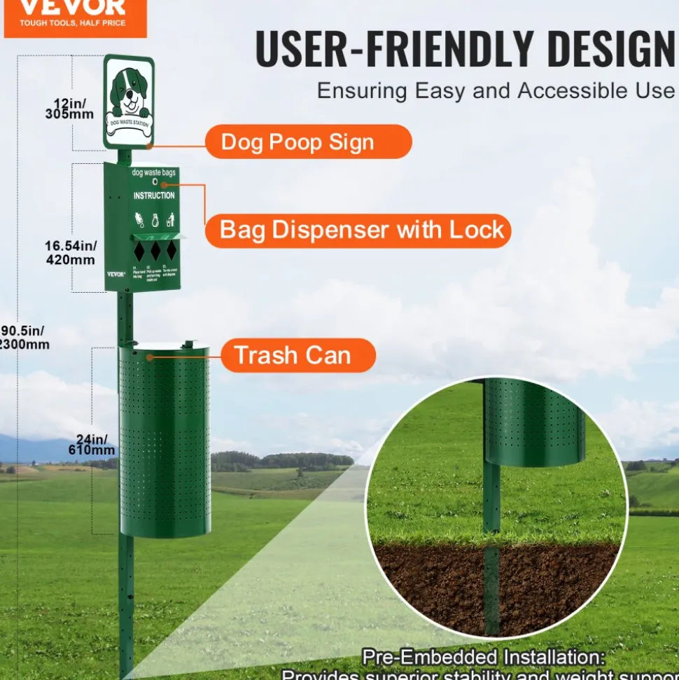 VEVOR Dog Waste Station, Commercial Dog Poop Station, 11.5 Gallons Pet Waste Bin with 50 Can Liners, Bag Dispenser & 600 Waste Bags, Outdoor Dog Waste Disposal System for Backyard