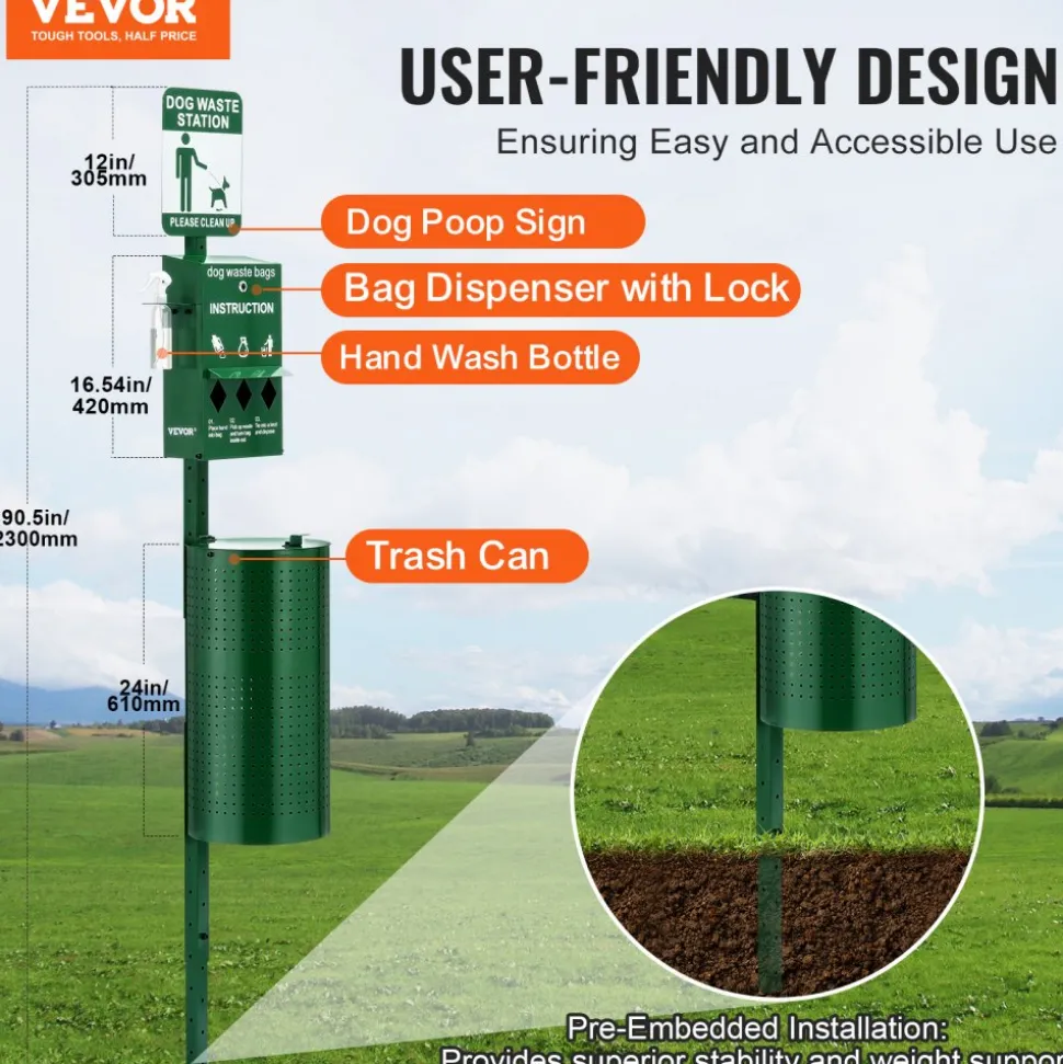VEVOR Dog Waste Station with Hand Wash Bottle, Commercial Dog Poop Station, 11.5 Gallons Pet Waste Bin with 50 Can Liners, Bag Dispenser & 600 Waste Bags, Outdoor Dog Waste Disposal System for Backyard