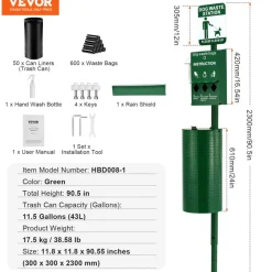VEVOR Dog Waste Station with Hand Wash Bottle, Commercial Dog Poop Station, 11.5 Gallons Pet Waste Bin with 50 Can Liners, Bag Dispenser & 600 Waste Bags, Outdoor Dog Waste Disposal System for Backyard