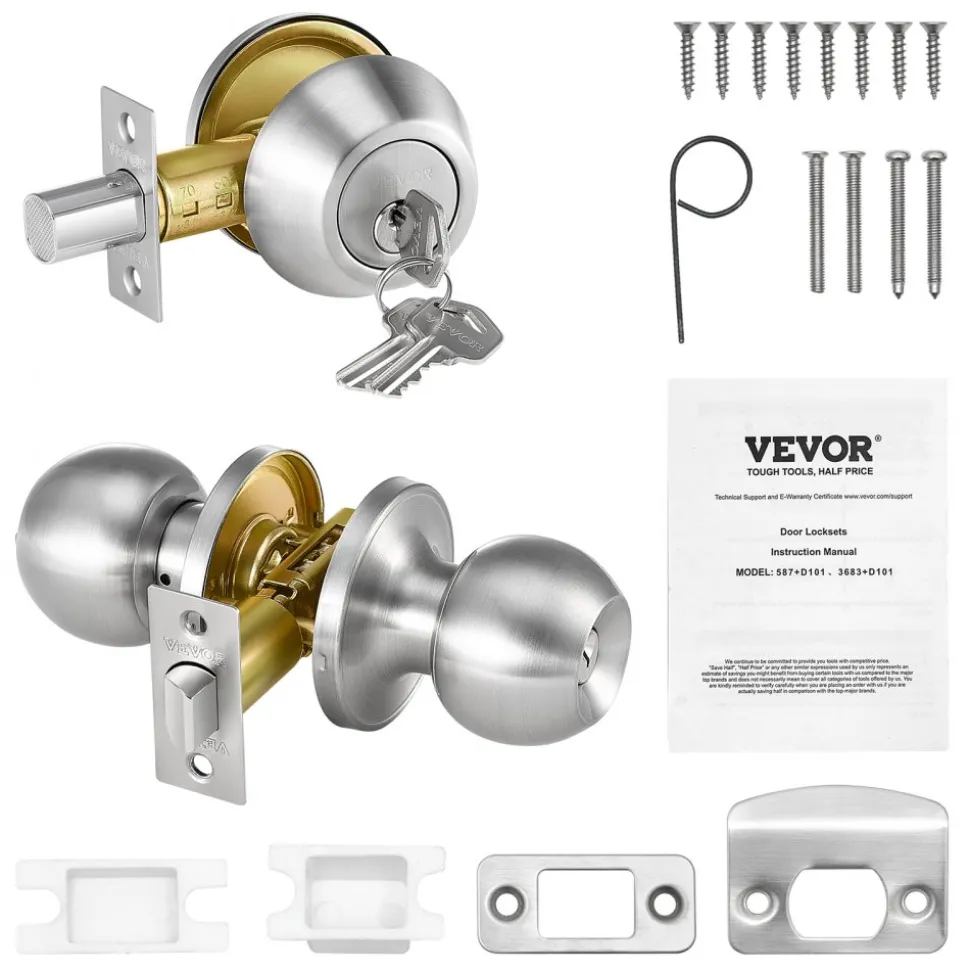 VEVOR Door Knob and Deadbolt Set, Satin Nickel Entry Door Knob and Single Cylinder Deadbolt Combo Pack, Fit for 1-3/8" to 1-3/4" Door Thickness, Door Lockset with Deadbolt for Entrance and Front Door