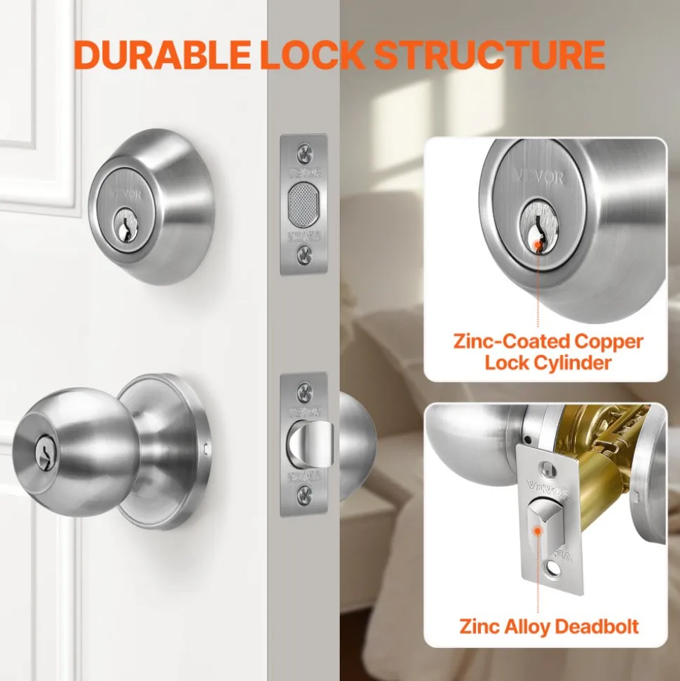 VEVOR Door Knob and Deadbolt Set, Satin Nickel Entry Door Knob and Single Cylinder Deadbolt Combo Pack, Fit for 1-3/8" to 1-3/4" Door Thickness, Door Lockset with Deadbolt for Entrance and Front Door