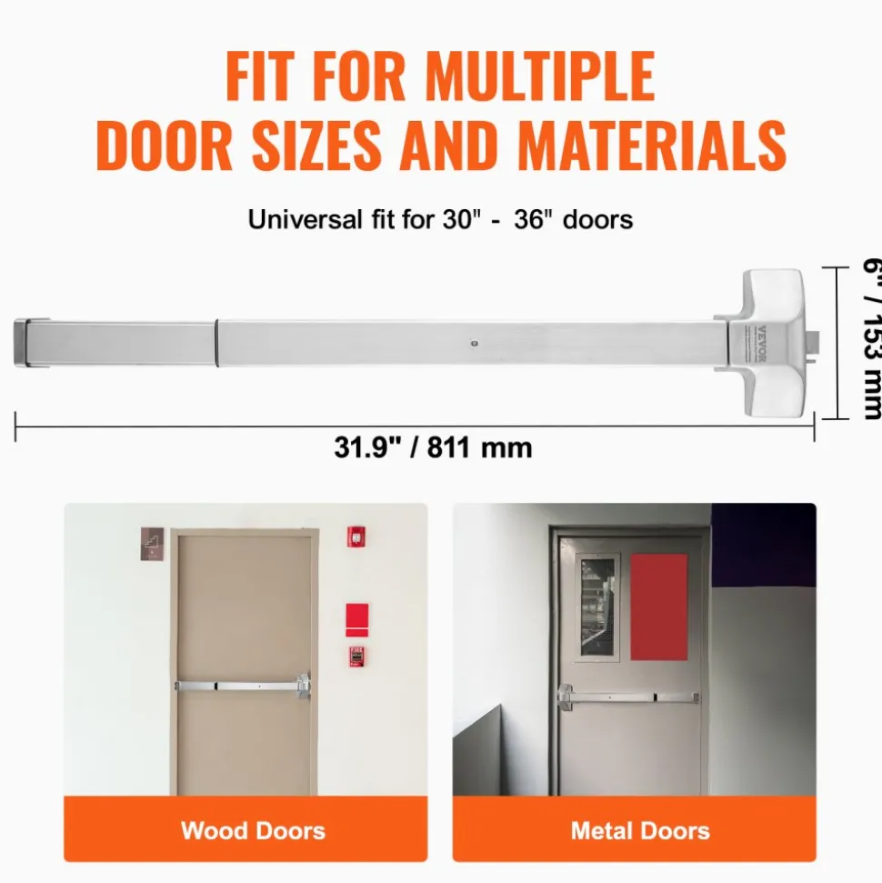 VEVOR Door Push Bar Panic Exit Device, 31” Stainless Steel Commercial Emergency Exit Door Push Bar with Exterior Lever and 3 Keys, Emergency Exit Door Hardware for 30"-36" Metal Wood Door