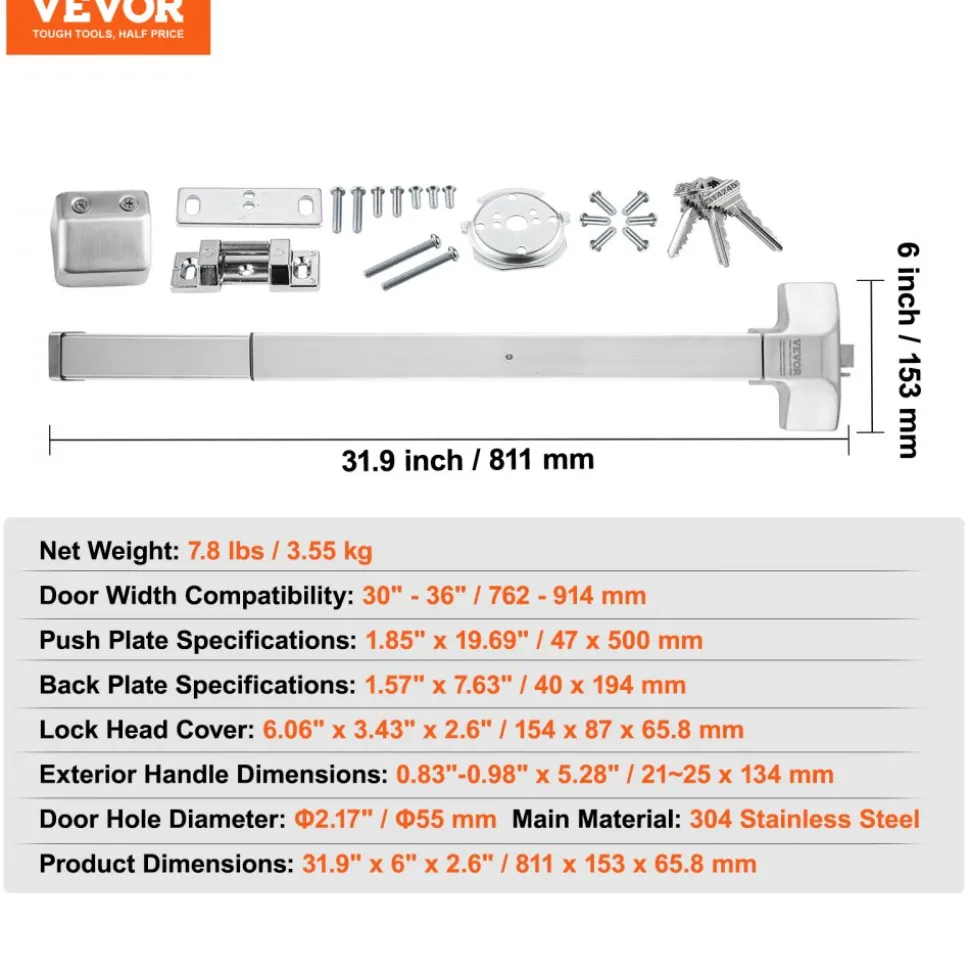 VEVOR Door Push Bar Panic Exit Device, 31” Stainless Steel Commercial Emergency Exit Door Push Bar with Exterior Lever and 3 Keys, Emergency Exit Door Hardware for 30"-36" Metal Wood Door