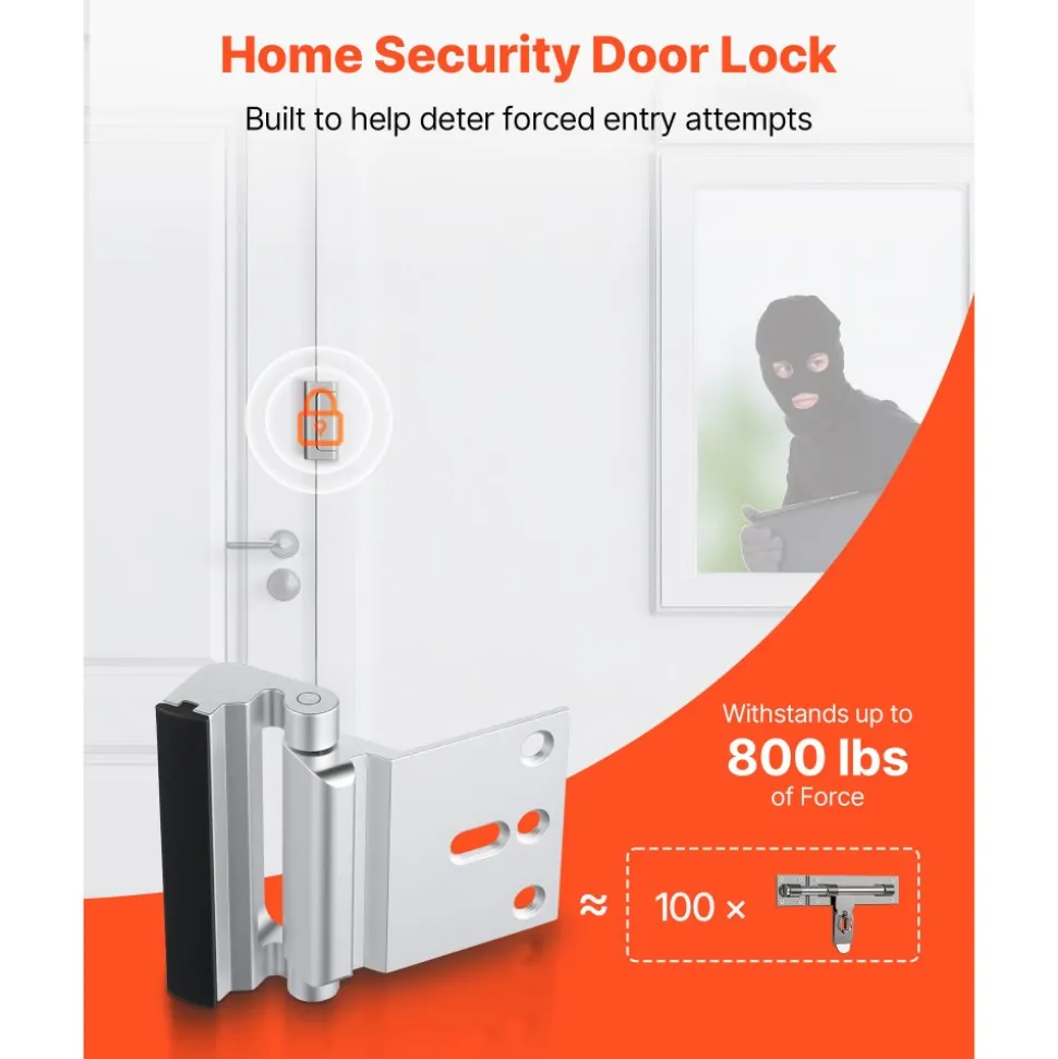 VEVOR Door Reinforcement Lock, 2 Pack Home Security Door Lock, with 3 Inch Stop Withstand 800 lbs of Force, with 8 Screws, for Inward-Opening, Aluminum Alloy, Add Extra High Security to Your Home
