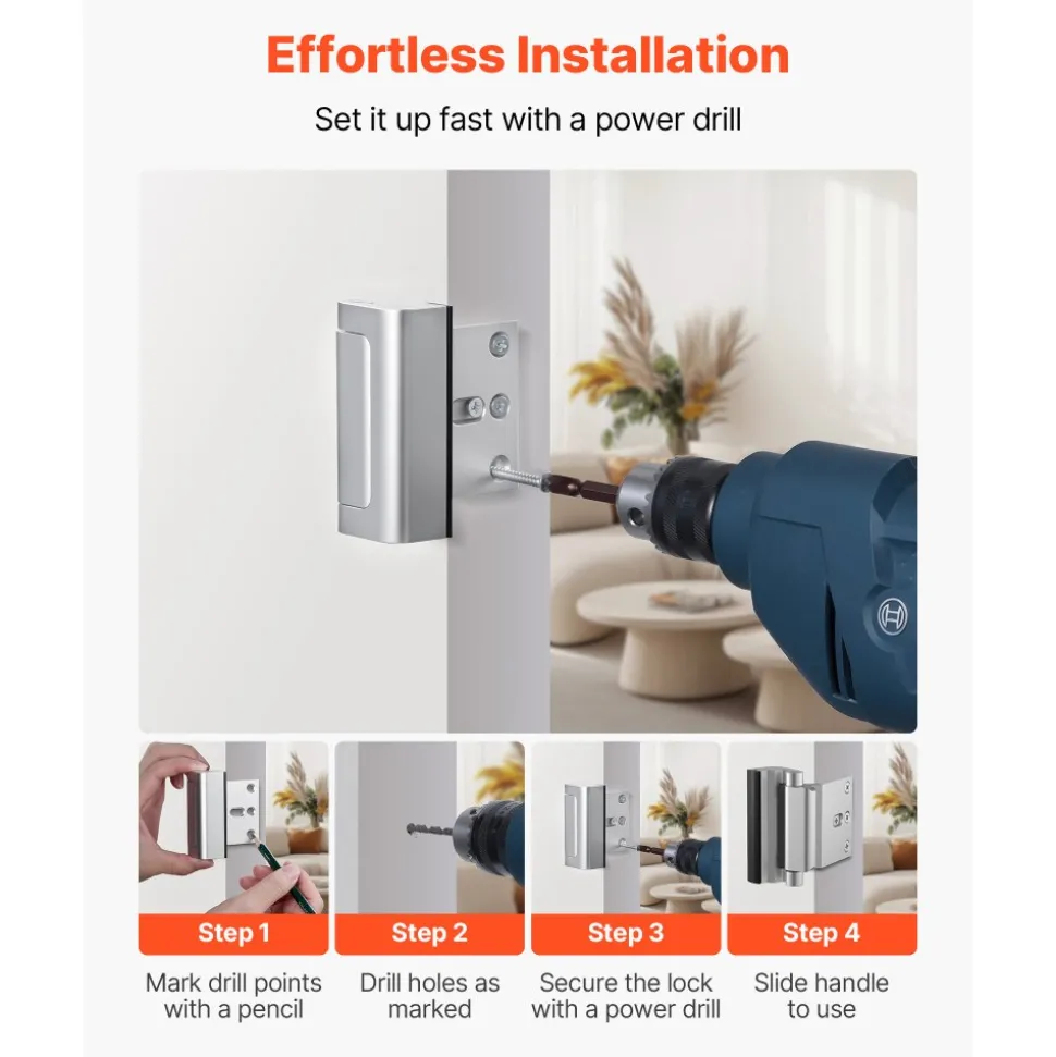 VEVOR Door Reinforcement Lock, 2 Pack Home Security Door Lock, with 3 Inch Stop Withstand 800 lbs of Force, with 8 Screws, for Inward-Opening, Aluminum Alloy, Add Extra High Security to Your Home