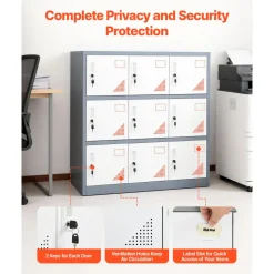 VEVOR 9 Doors Metal Locker, Lockable Steel Storage Cabinet, 66 lbs Loading Capacity, 2 Keys for Each Door, 3 Tiers Employee Lockers for Office, School, Gym, Easy Assembly, 35.4 x 17.7 x 37 in, Gray
