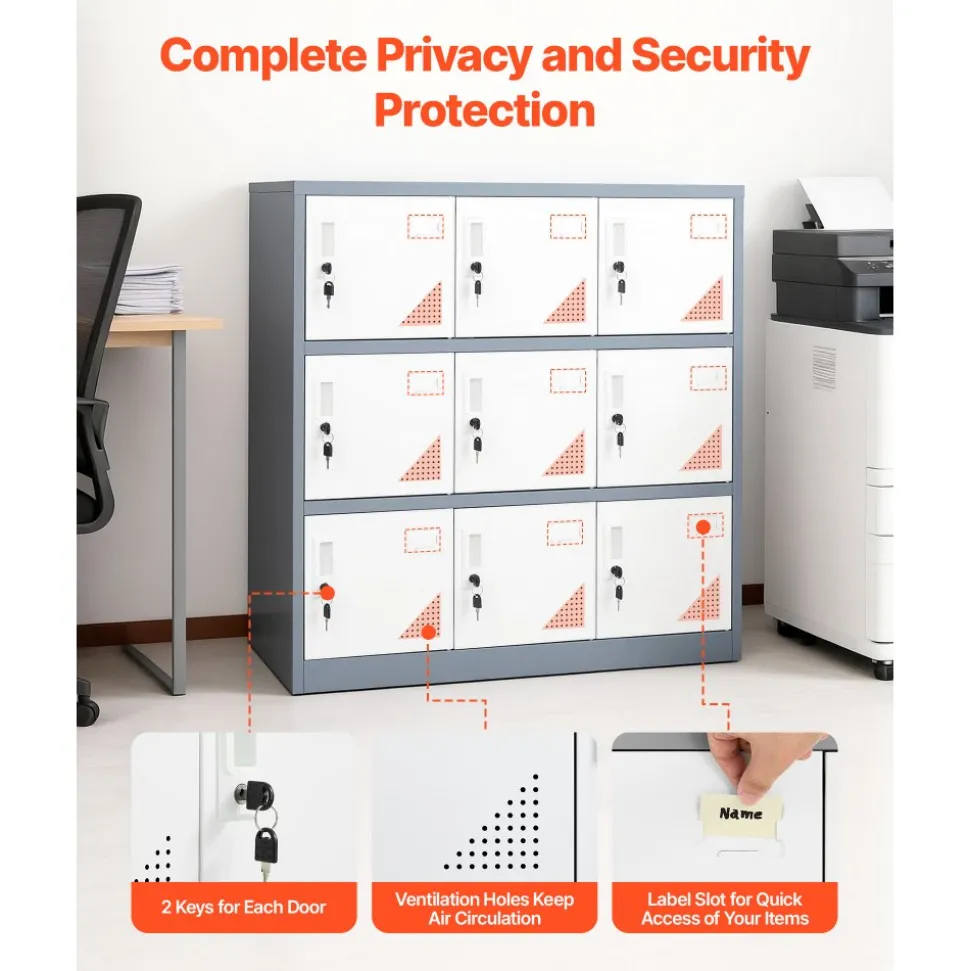 VEVOR 9 Doors Metal Locker, Lockable Steel Storage Cabinet, 66 lbs Loading Capacity, 2 Keys for Each Door, 3 Tiers Employee Lockers for Office, School, Gym, Easy Assembly, 35.4 x 17.7 x 37 in, Gray
