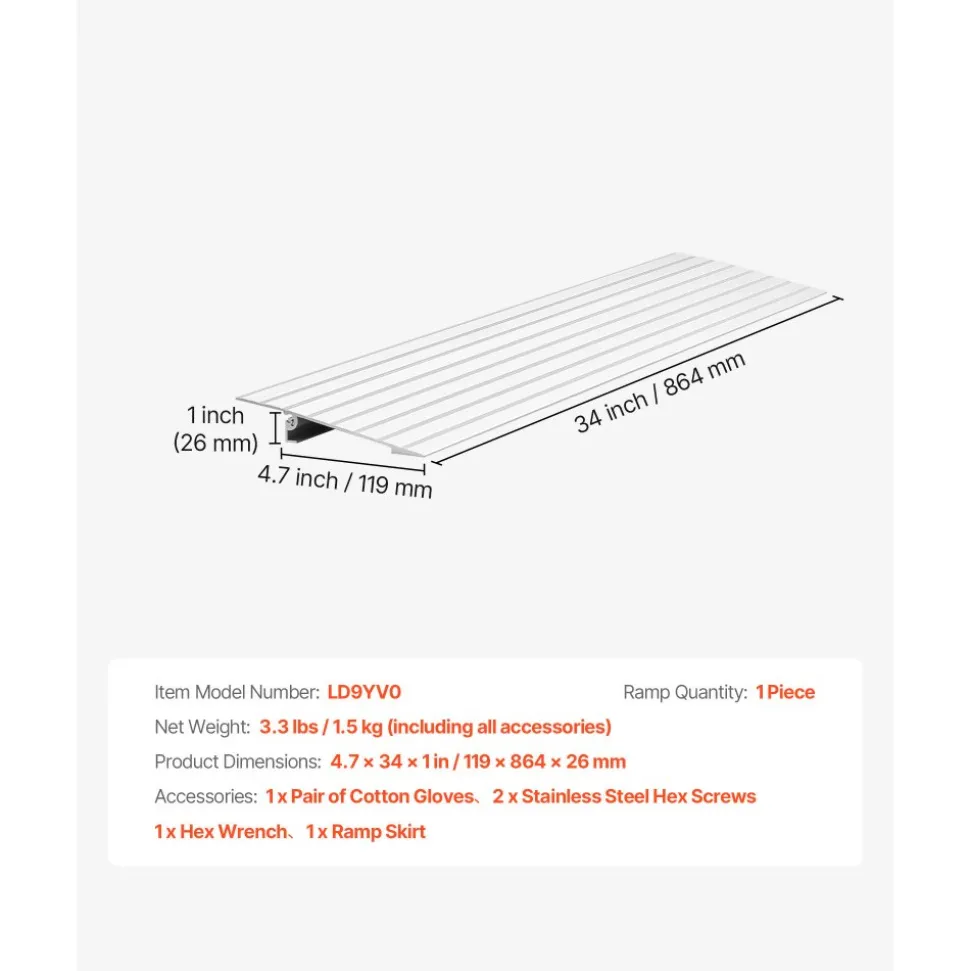 VEVOR Door Threshold Ramp, 1 inch Rise, Aluminum Alloy Threshold Ramp Rated 800 lbs Load Capacity, Handicap Ramps for Home Steps for Wheelchair, Scooters, Power Chairs, Walkers, Bicycle, Tricycle